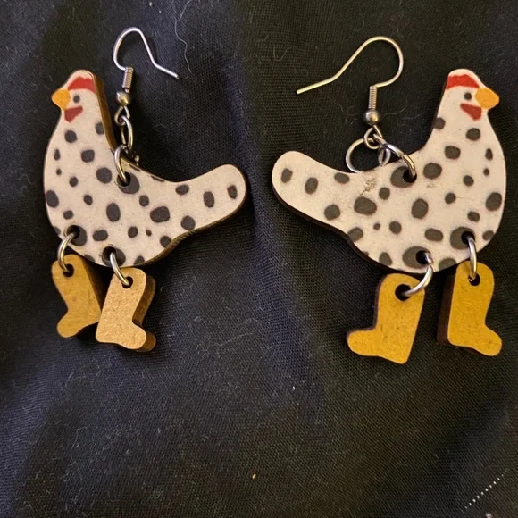 Polka Dot Chicken Earrings with Yellow Boots - Picture 1 of 1